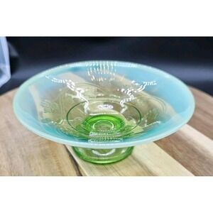 Vintage Green Irridescent‎ Footed Bowl Leaf Berry Design Green Glass